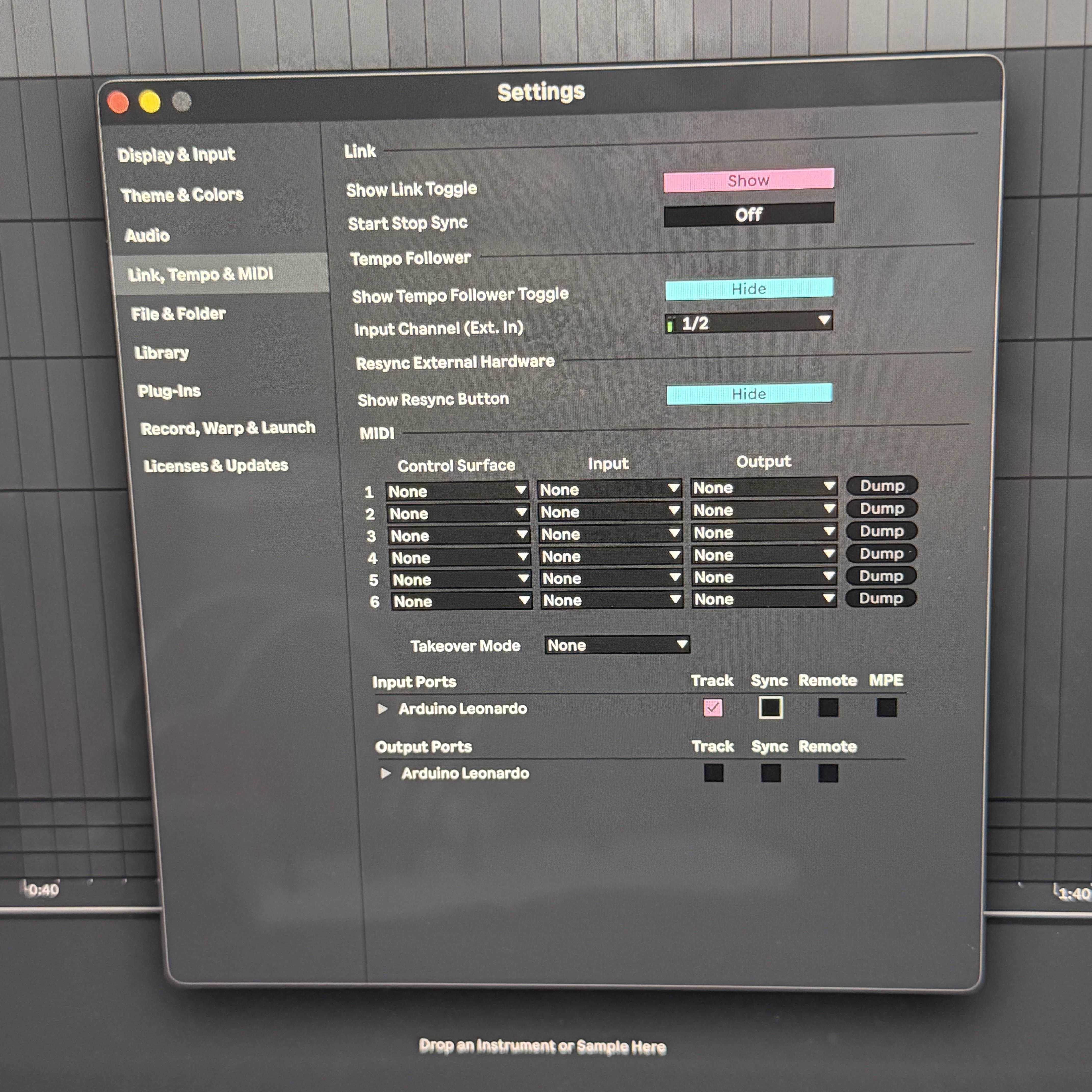 Screenshot from Ableton confirming that MIDI input from the Arduino is being detected and routed correctly.