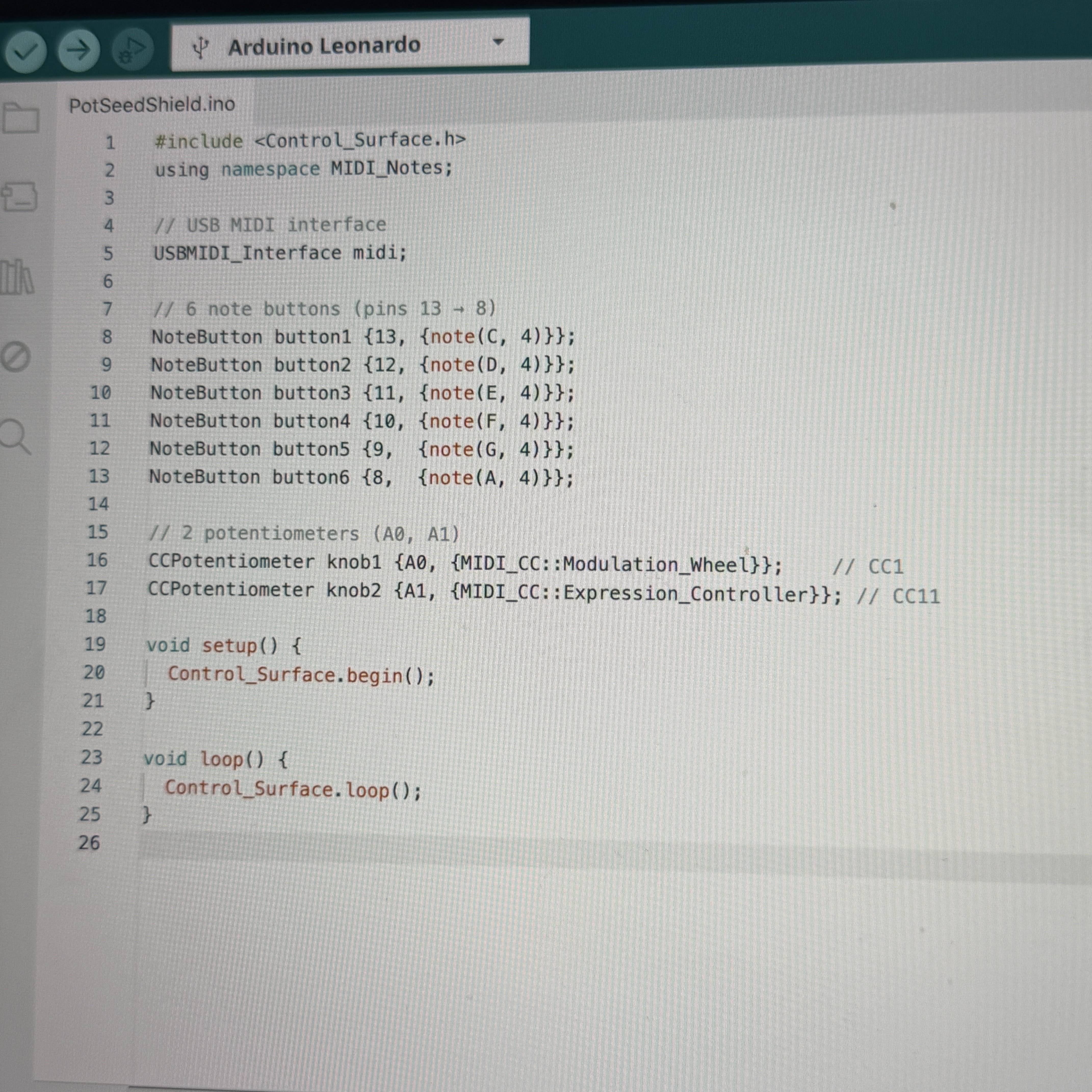 Updated Arduino code sending multiple MIDI notes and CC messages for several buttons and potentiometers at once.