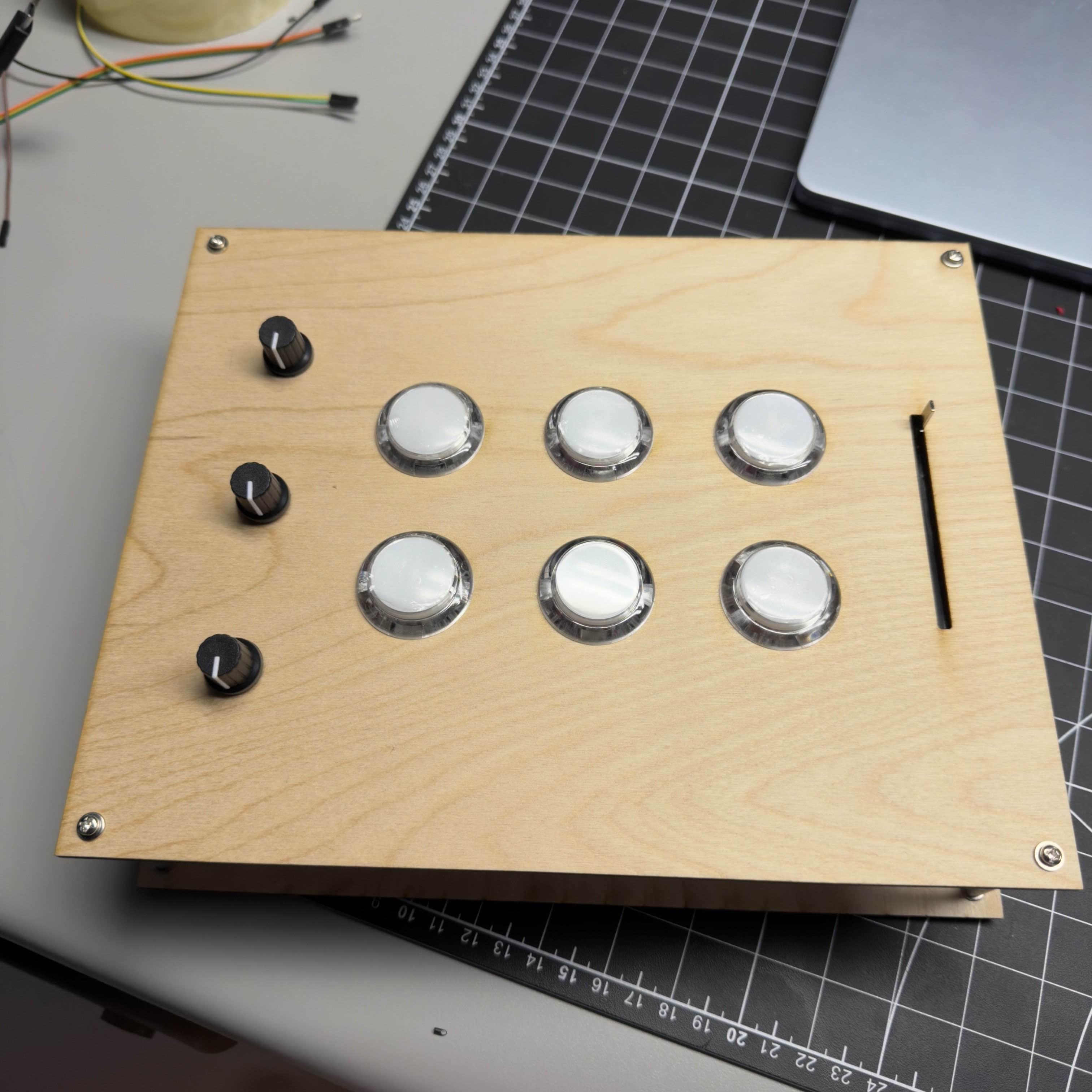 Top panel close up. After wiring, I assembled the full interface and confirmed the layout felt usable and production ready for my music workflow.