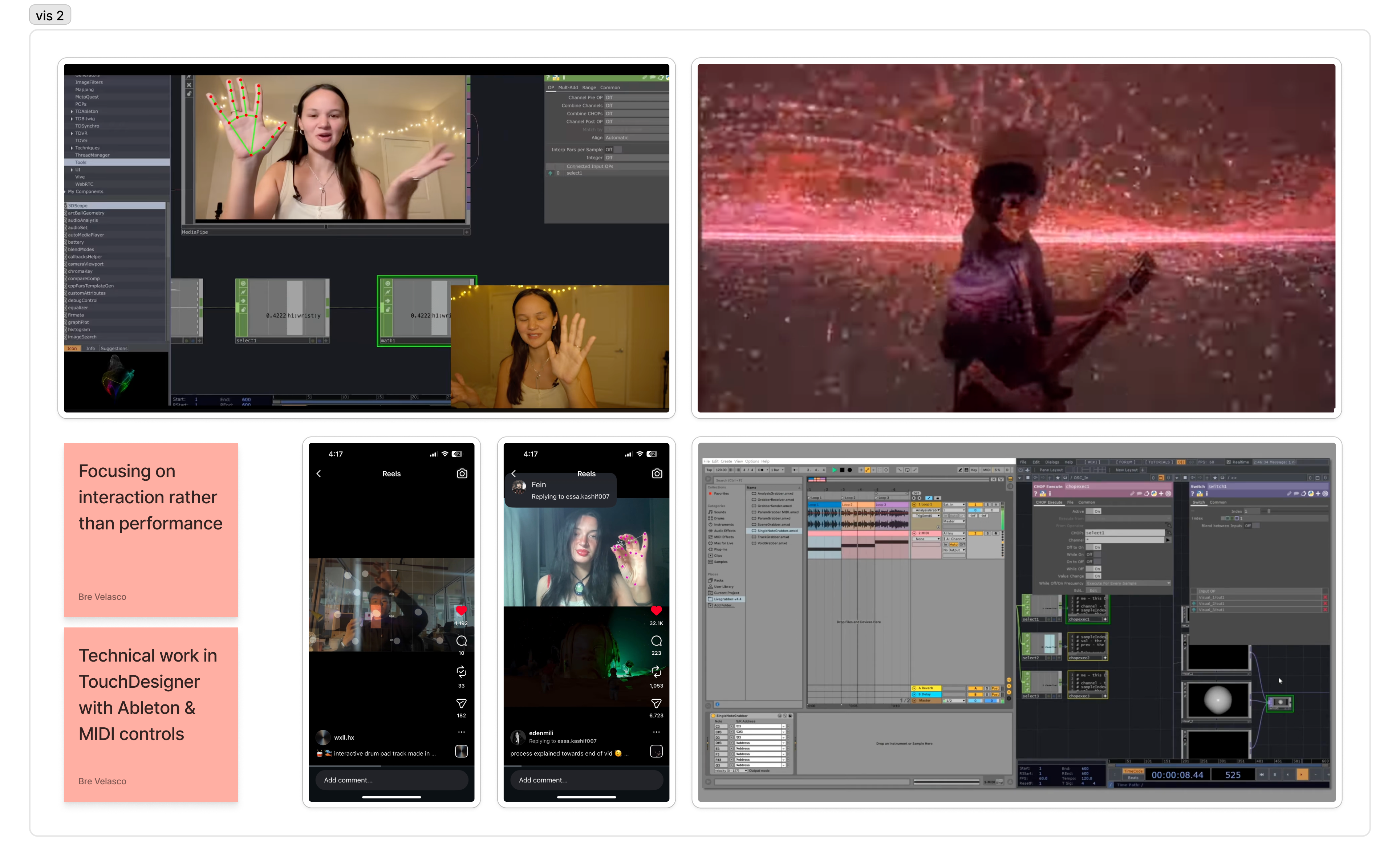 In Visualization 2, me and Bre tried to narrow the scope and shift our focus toward exploring different types of interaction that we can integrate into live music experience, so that we would have a chance to explore a wider range of techniques than working only one one big project. We explored using inputs like gesture controls, MIDI controllers and instruments to control and manipulate the visuals inside TD.