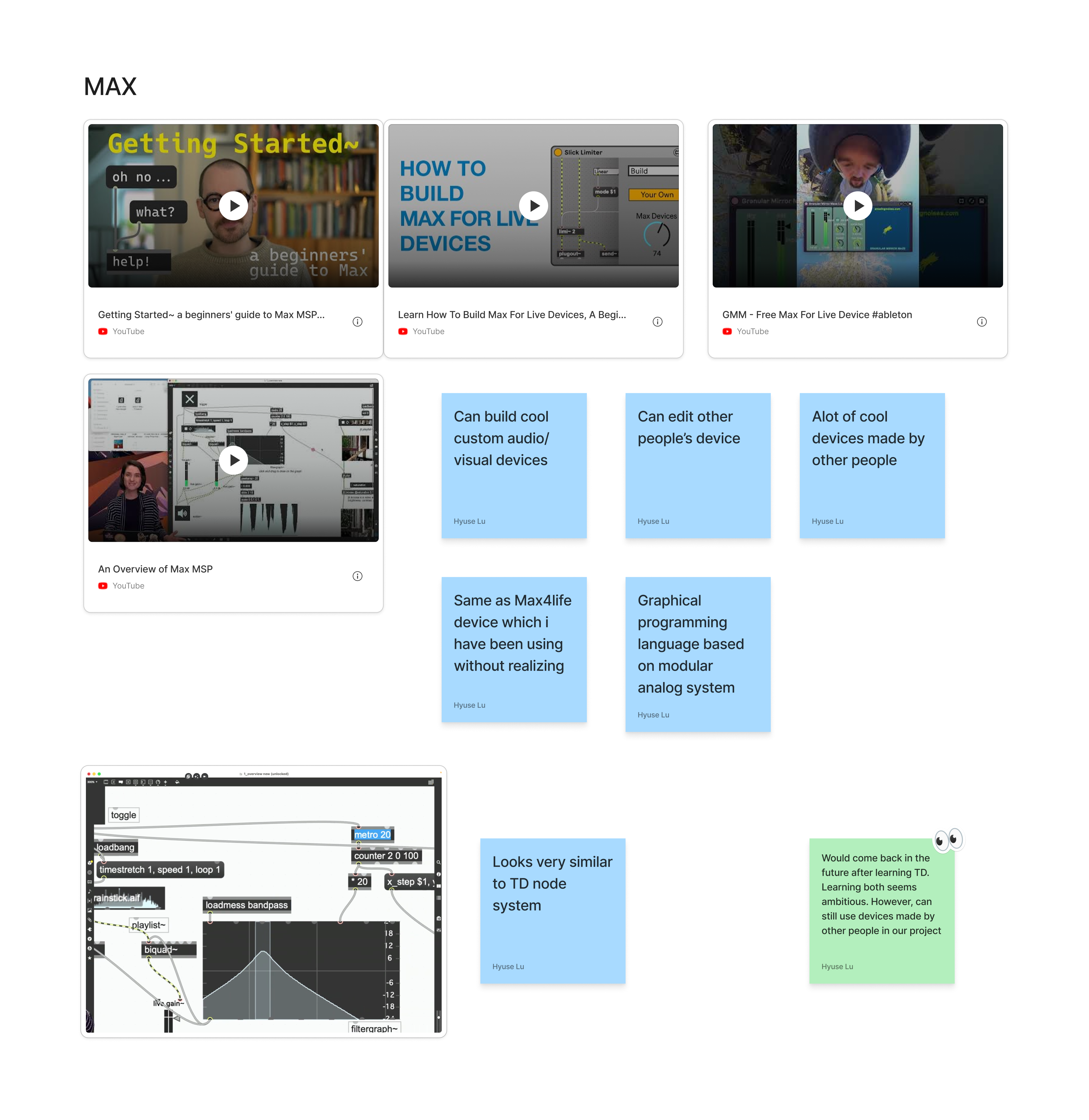 I also briefly explored MAX after Steve’s recommendation. While I found it interesting, I decided to prioritize TouchDesigner this semester, while still gathering useful insights and resources to revisit MAX in the future.