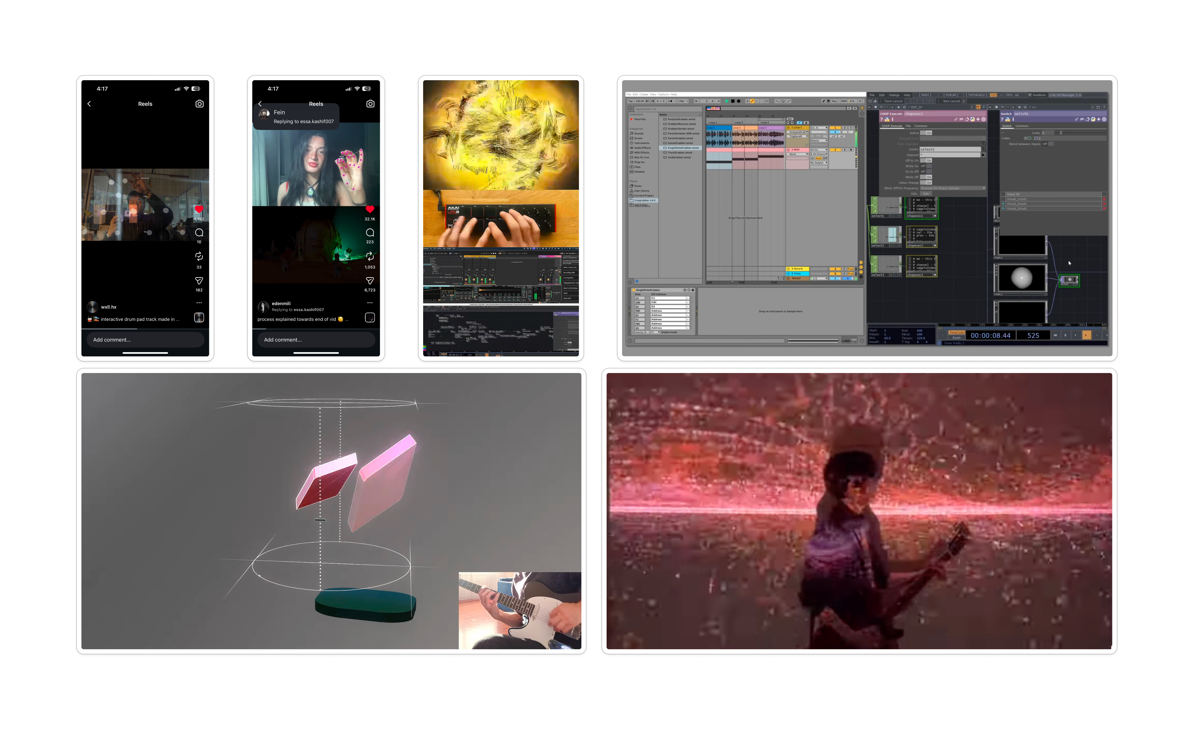 An exploration into a variety of unique ways to create unconventional interactions for meaningful musical experiences through audiovisual design in TouchDesigner, using inputs such as gesture controls, Kinect body data, MIDI controllers, and instruments.